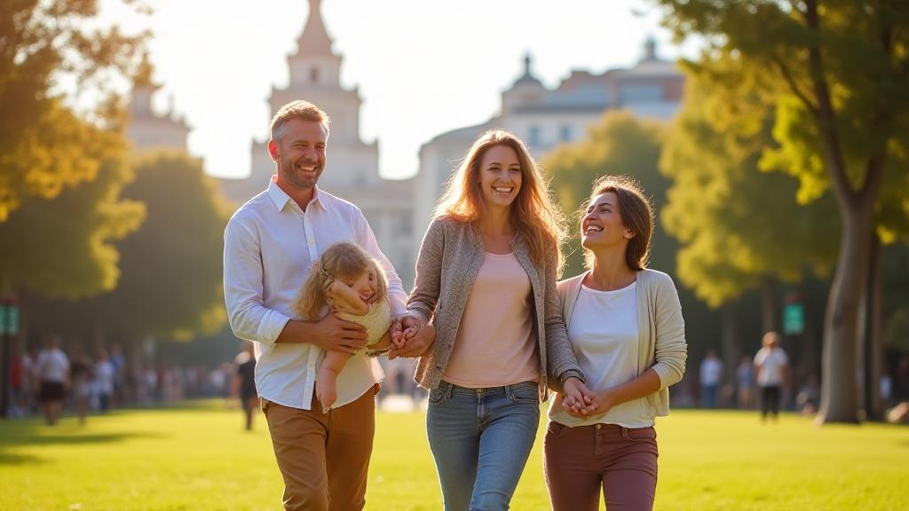 Familia feliz y relajada en un parque de Madrid, simbolizando la nueva oportunidad y paz financiera
