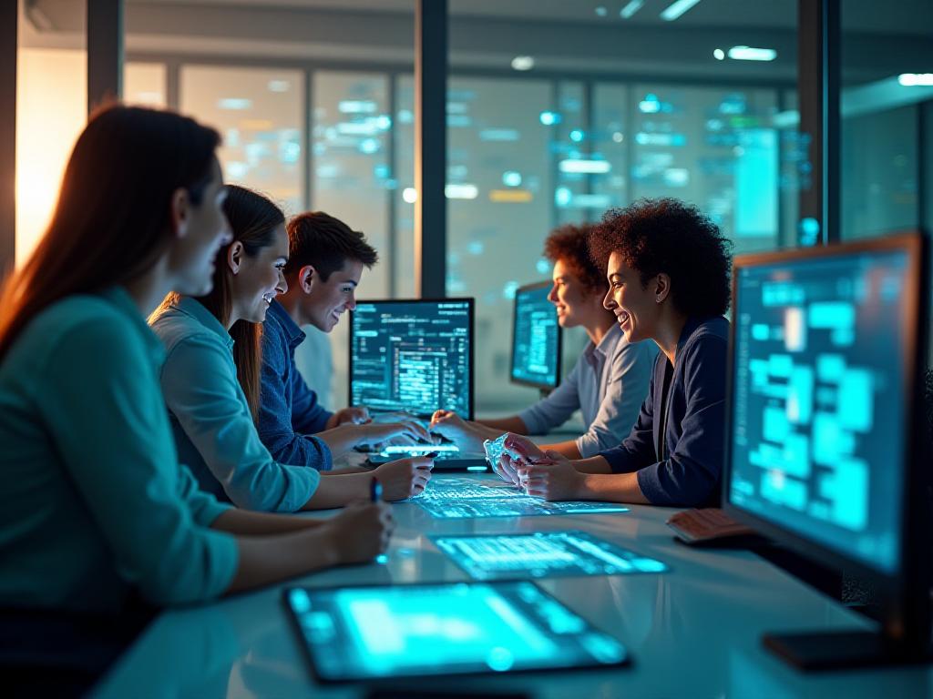 Equipo trabajando feliz con interfaces de inteligencia artificial vibrantes